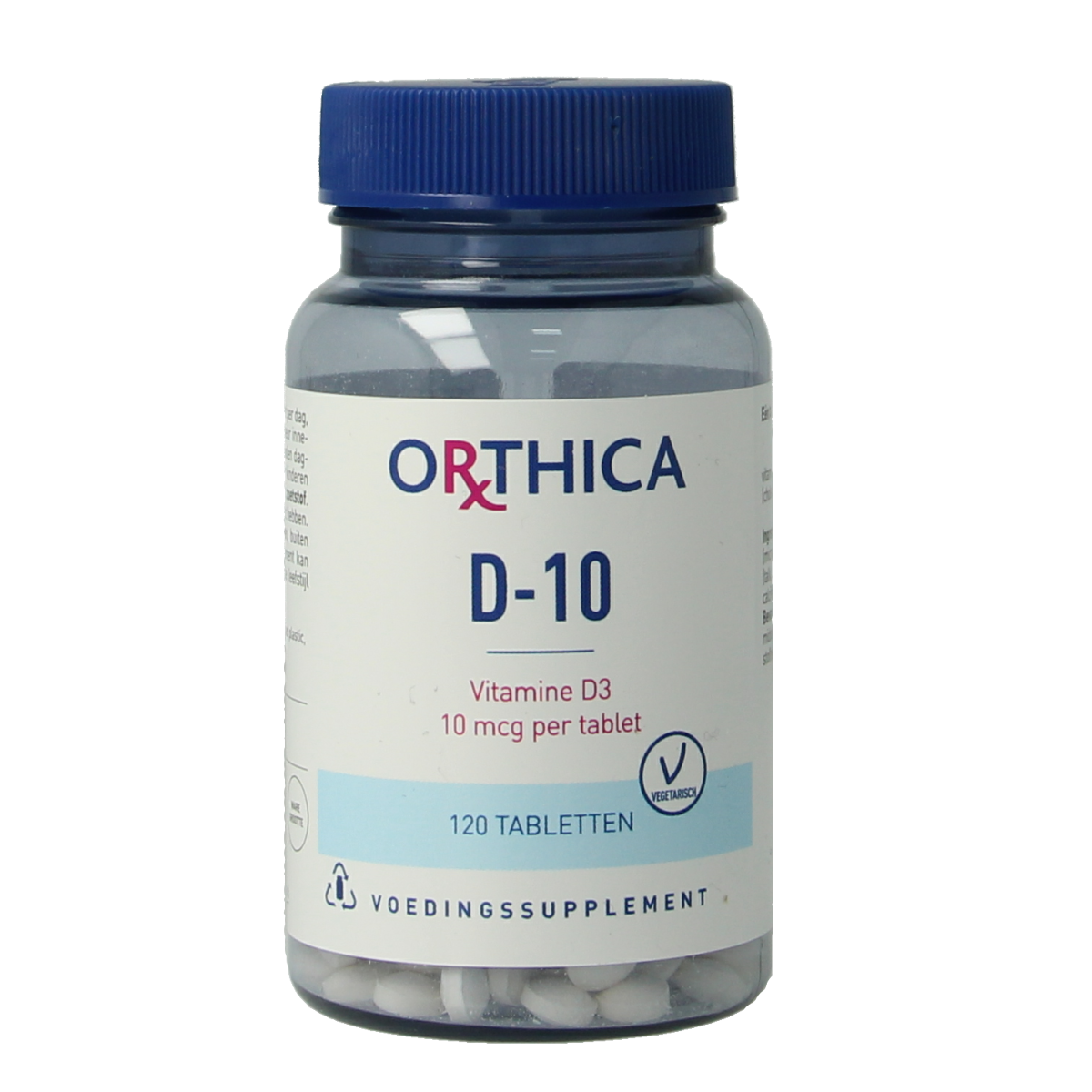 Orthica Vitamine D-10 supplement bottle with 120 tablets, showing the label and product packaging.