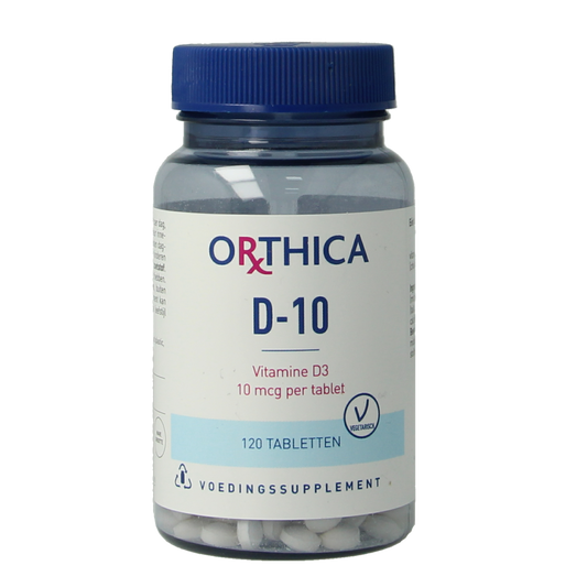 Orthica Vitamine D-10 supplement bottle with 120 tablets, showing the label and product packaging.