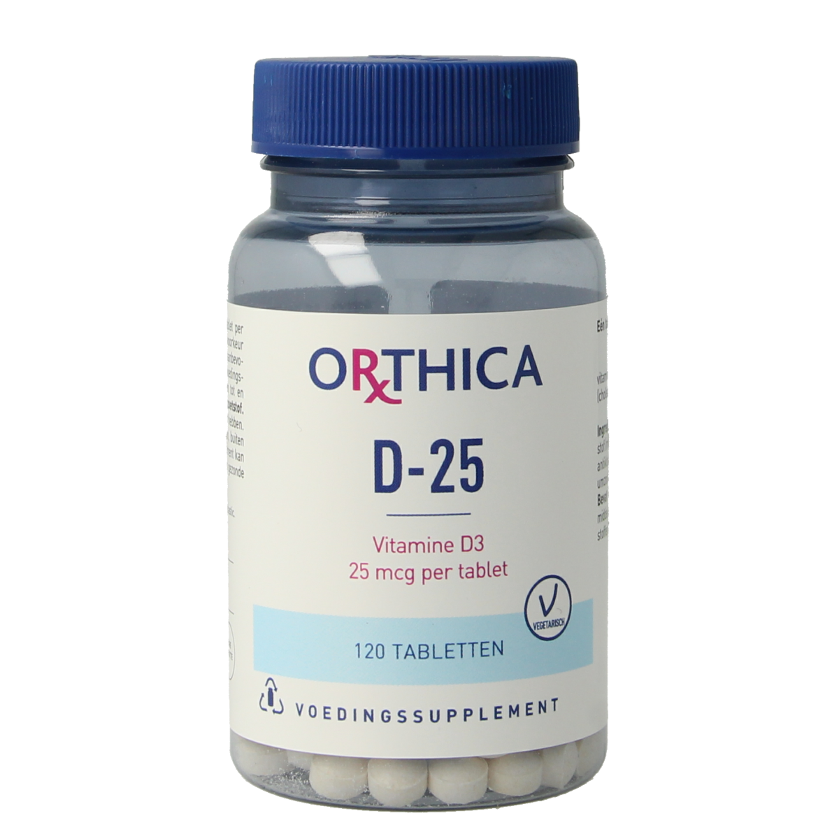 Orthica Vitamine D-25 supplement bottles with 120 tablets, showing the product label and packaging.