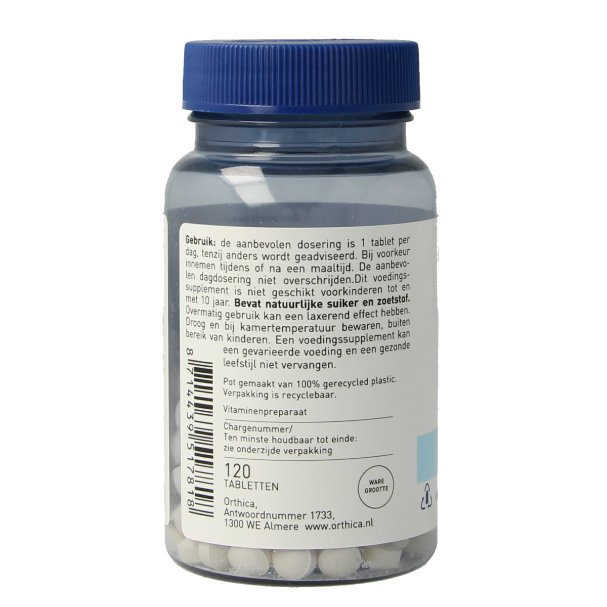 Orthica Vitamine D-25 supplement bottle with 120 tablets, showing the label and product packaging.