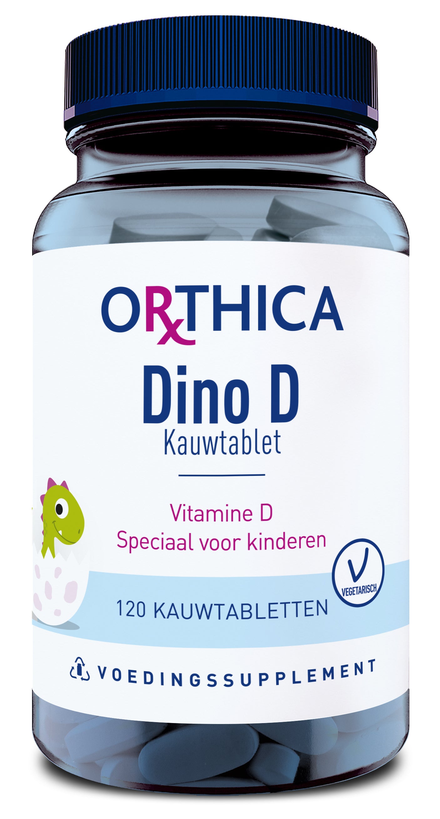 Orthica Dino D 120 chewable vitamin tablets for children, showing colorful packaging and tablets in a blister pack.
