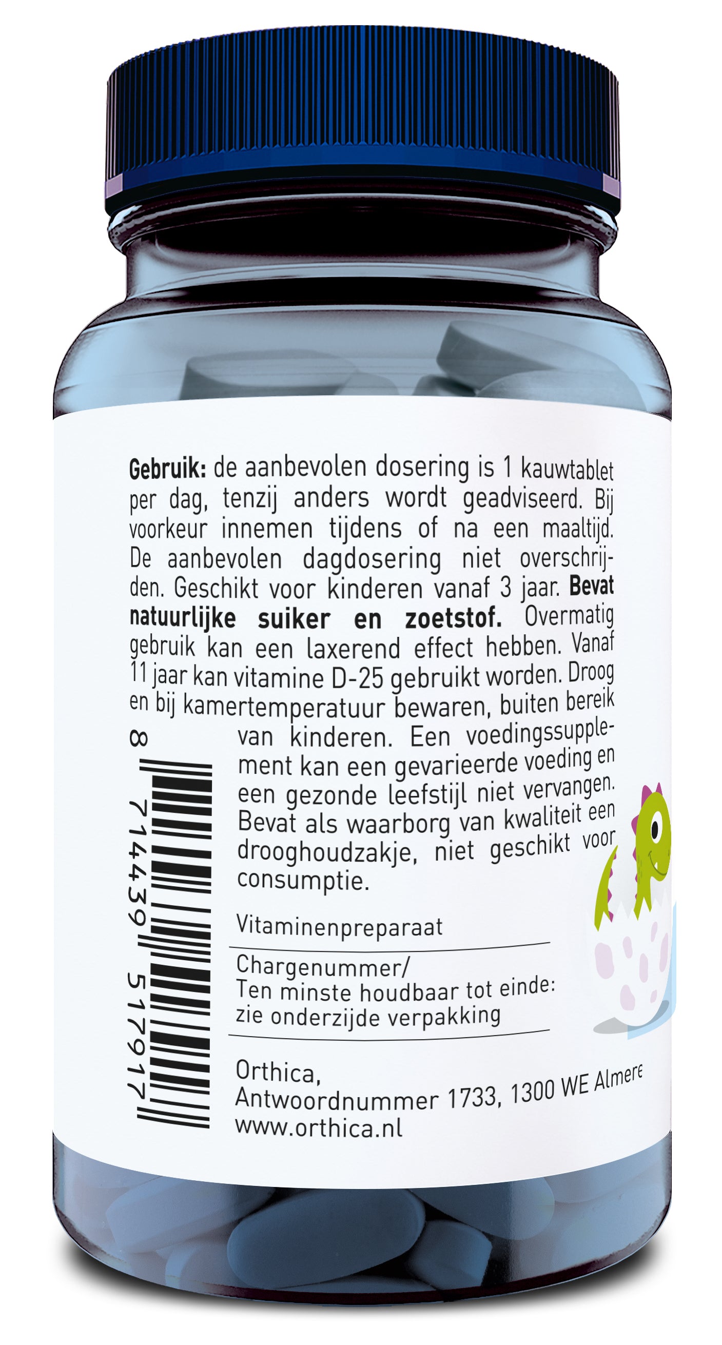 Orthica Dino D 120 chewable vitamin tablets for children, showing colorful packaging and tablets in a blister pack.