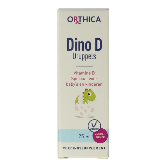 Orthica Dino D vitamin supplement bottle with label showing 25ml volume and product details.
