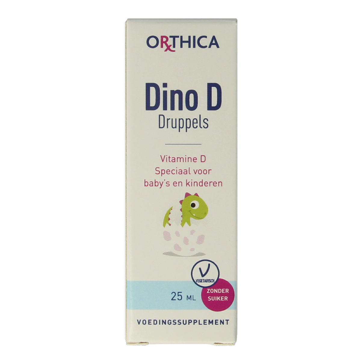Orthica Dino D vitamin supplement in a 25ml bottle, designed for children to support healthy growth and development.