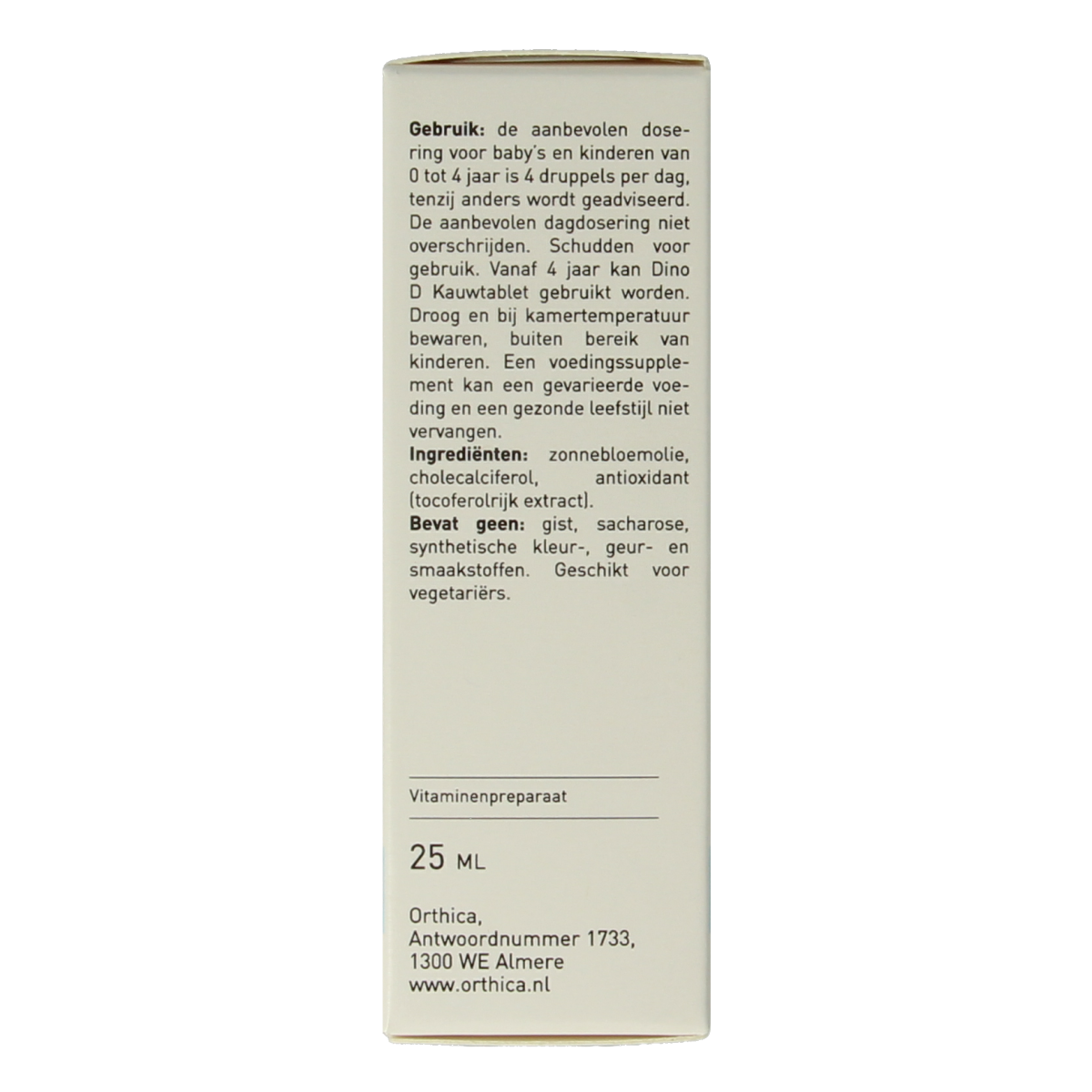 Orthica Dino D vitamin supplement in a 25ml bottle, providing essential vitamin D for health and well-being.