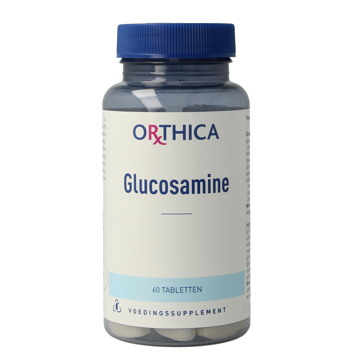 Orthica Glucosamine 60 tablets, mineral supplement with tablets for joint support, shown in blister pack.