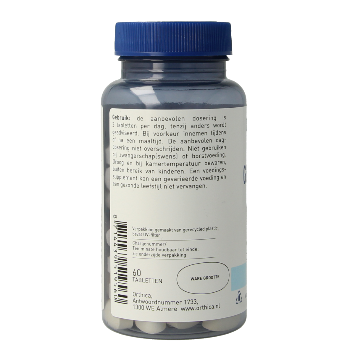 Orthica Glucosamine mineral tablets, 60-count, showing the supplement packaging and tablets on a white background.