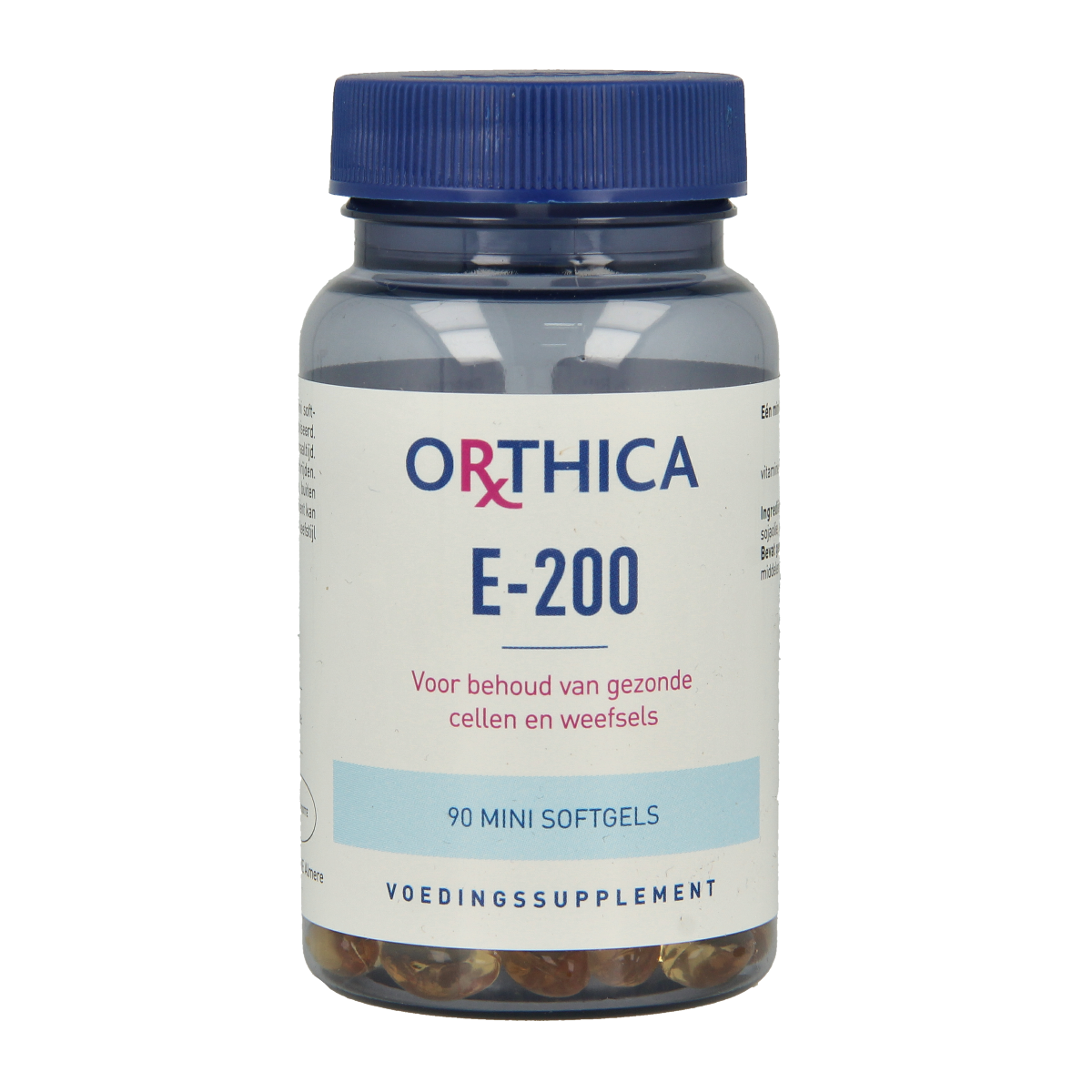 Orthica Vitamine E-200 softgels, dietary supplement with 90 softgel capsules shown in bottle.