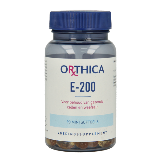 Orthica Vitamine E-200 softgels, dietary supplement with 90 softgel capsules shown in bottle.