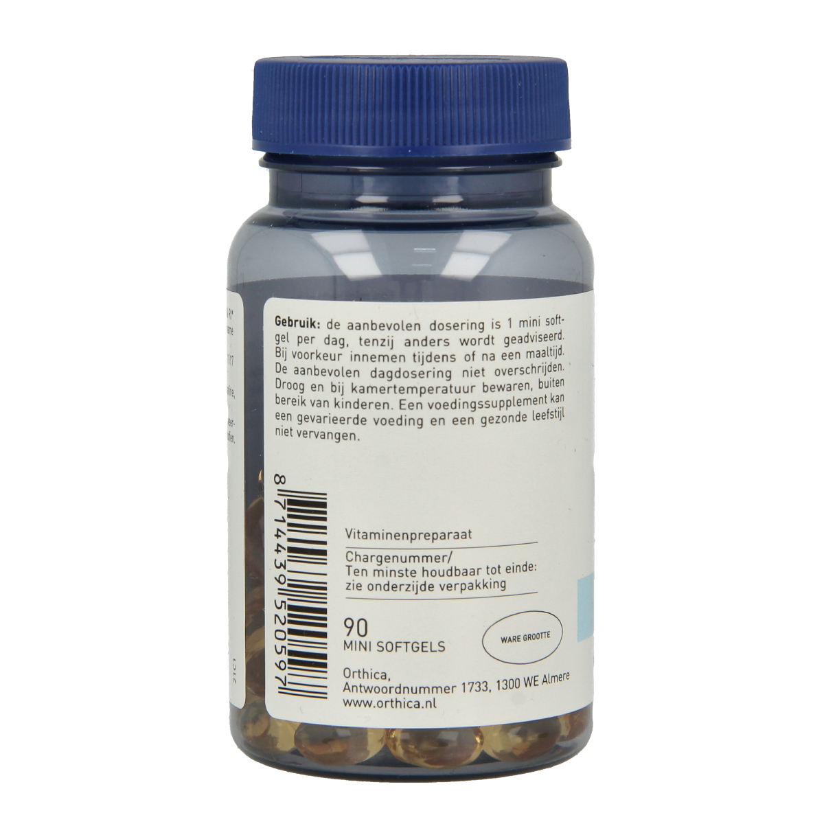 Orthica Vitamine E-200 softgels bottle showing 90 softgel capsules for skin and antioxidant health.