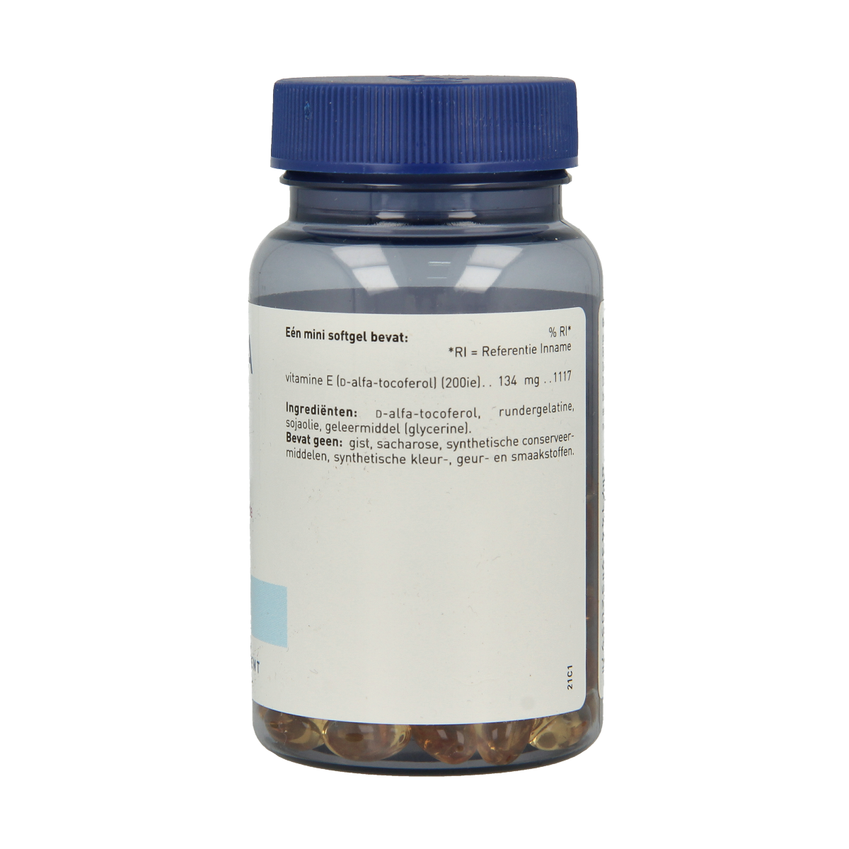 Orthica Vitamin E-200 softgels in a bottle, showing the supplement's softgel capsules for antioxidant support.