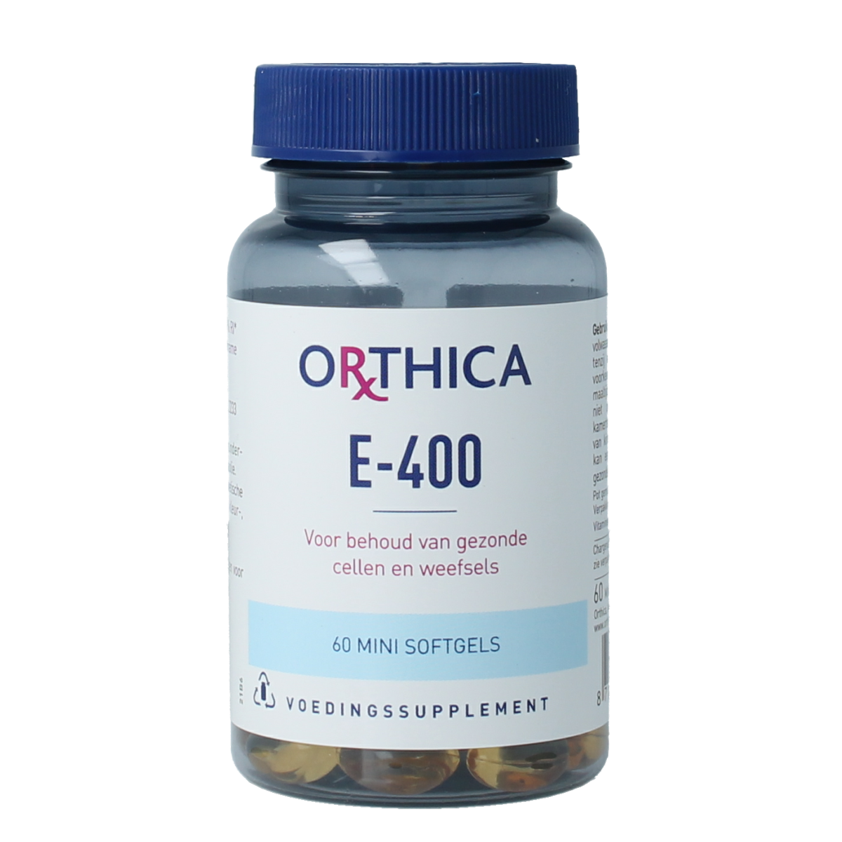 Orthica Vitamine E-400 softgels in a bottle, showing the supplement's label and softgel capsules for vitamin E intake.