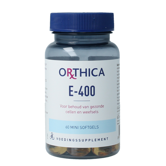 Orthica Vitamine E-400 softgels in a bottle, showing the supplement's label and softgel capsules for vitamin E intake.