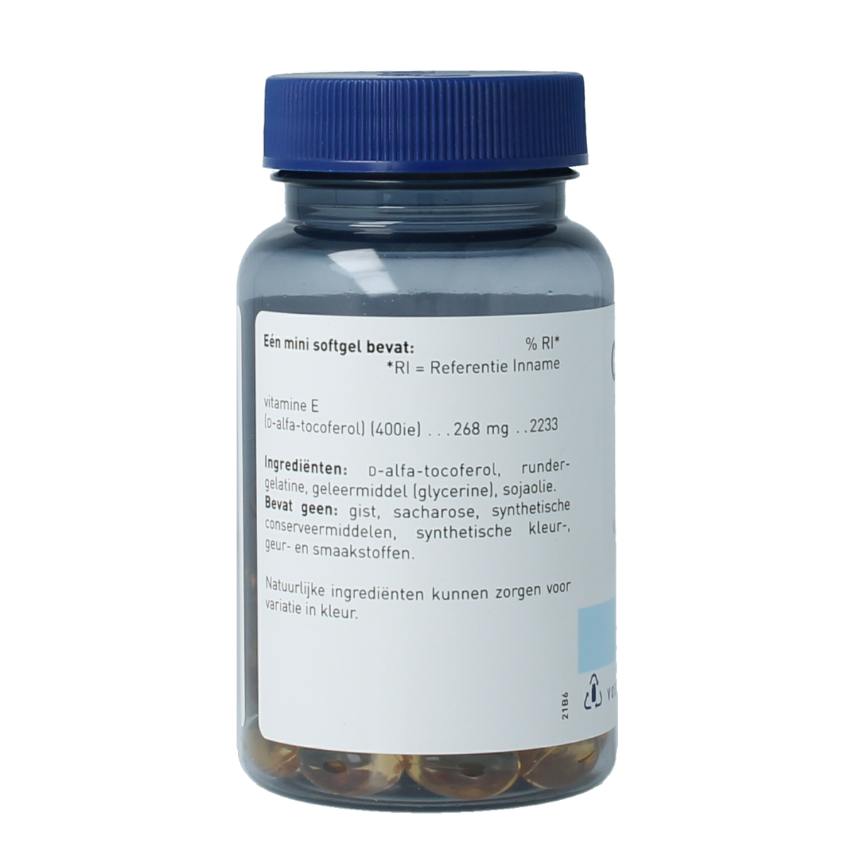 Orthica Vitamine E-400 softgel capsules, dietary supplement with natural vitamin E, shown in a clear image.