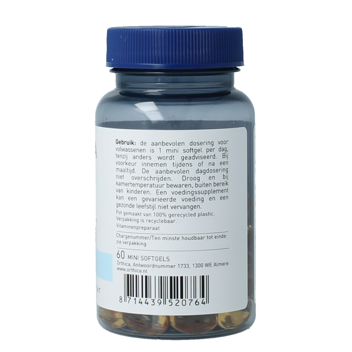 Orthica Vitamine E-400 softgel capsules labeled as Vitamin E supplement in a clear blister pack.