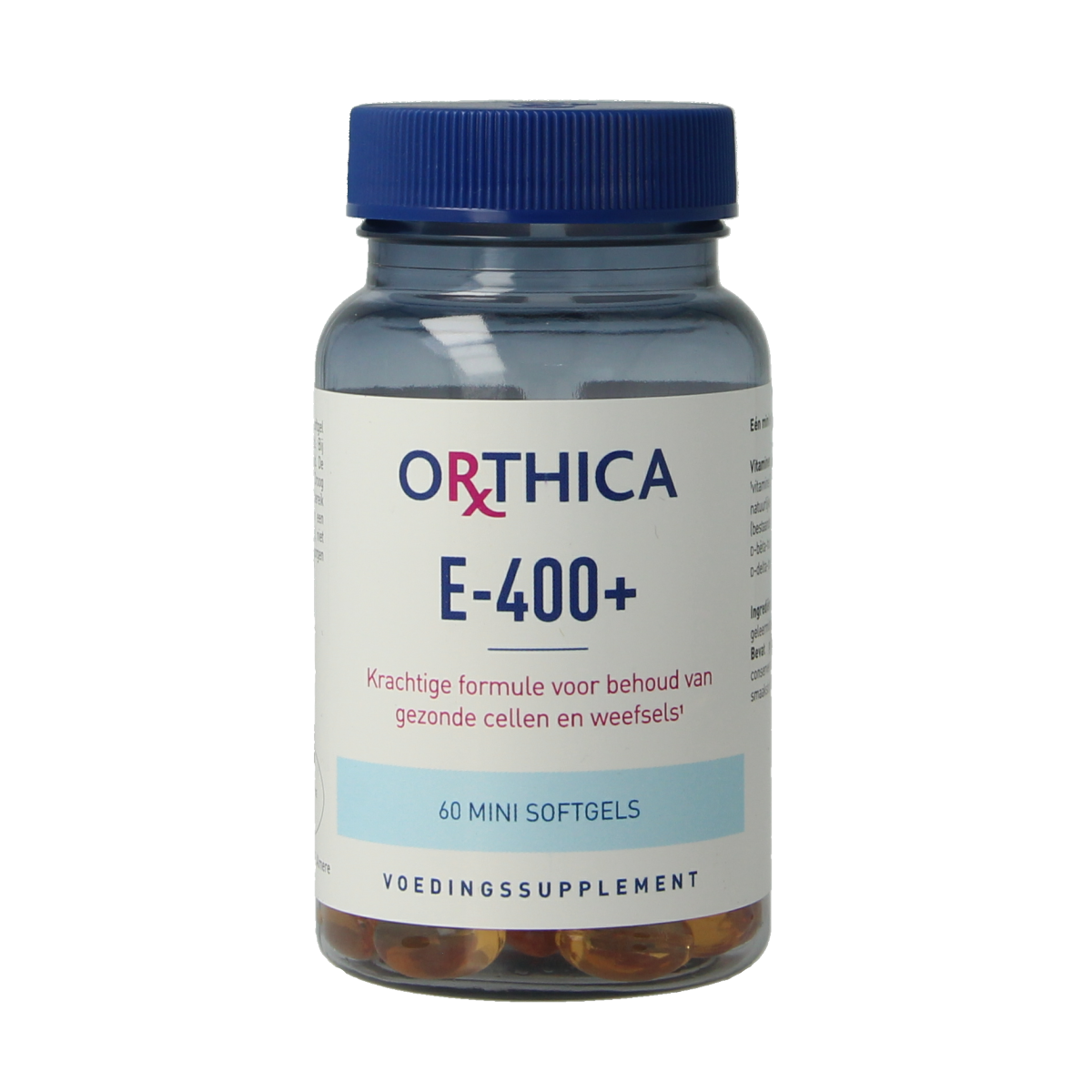 Orthica Vitamine E-400+ softgel capsules, supplement for skin and immune support, close-up of the softgel bottle and capsules.