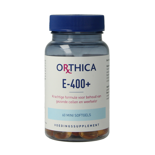 Orthica Vitamine E-400+ softgel capsules, supplement for skin and immune support, close-up of the softgel bottle and capsules.