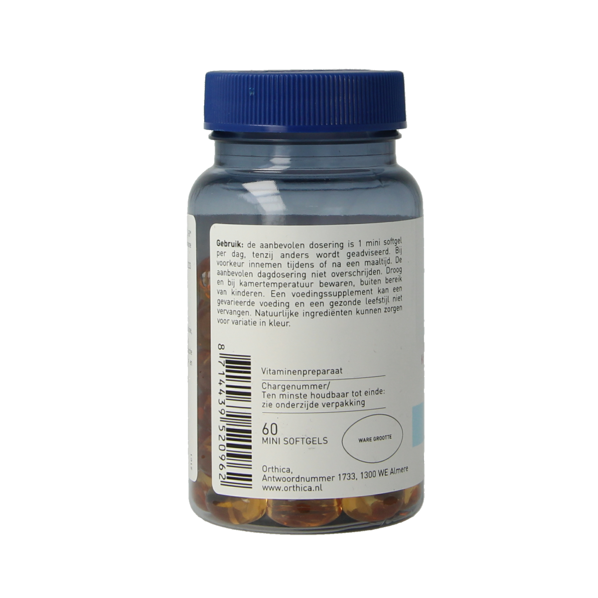 Orthica Vitamin E-400+ softgels in a bottle, showing the supplement's packaging and softgel capsules.