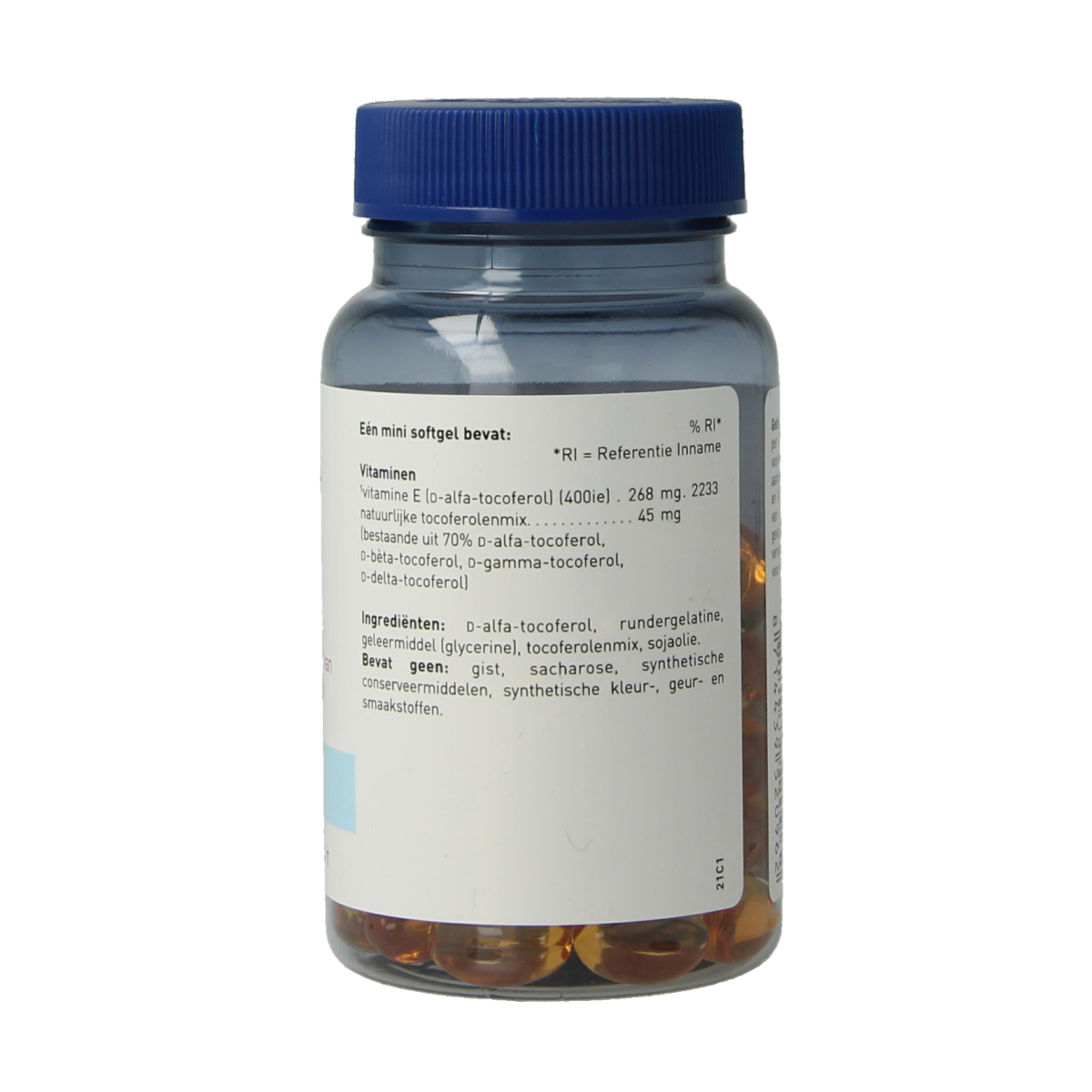 Orthica Vitamine E-400+ softgels in a bottle, dietary supplement for antioxidant support, natural vitamin E supplement by Orthica.