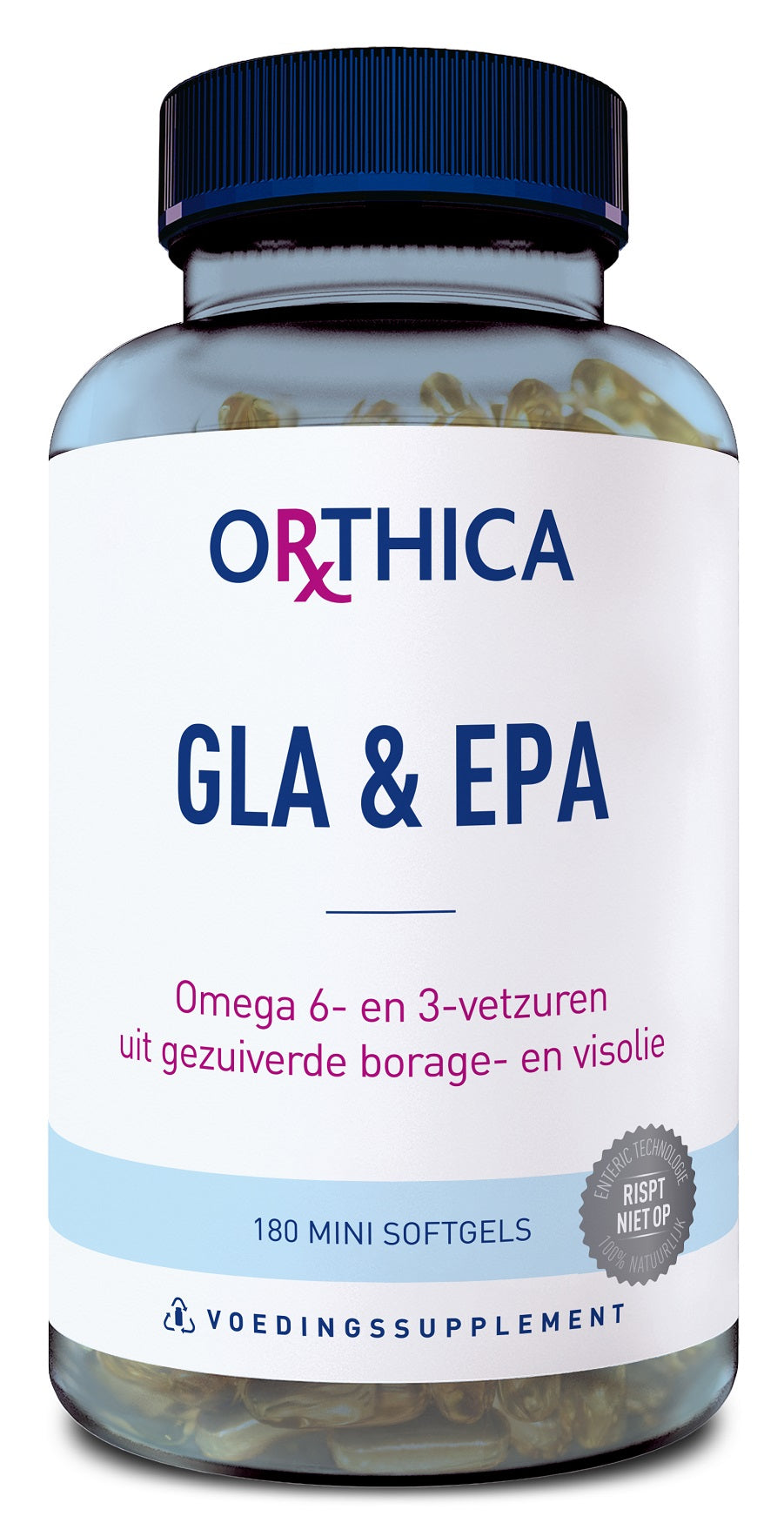 Orthica GLA & EPA Vetzuren softgels in a bottle, showing the supplement capsules for skin and joint health.
