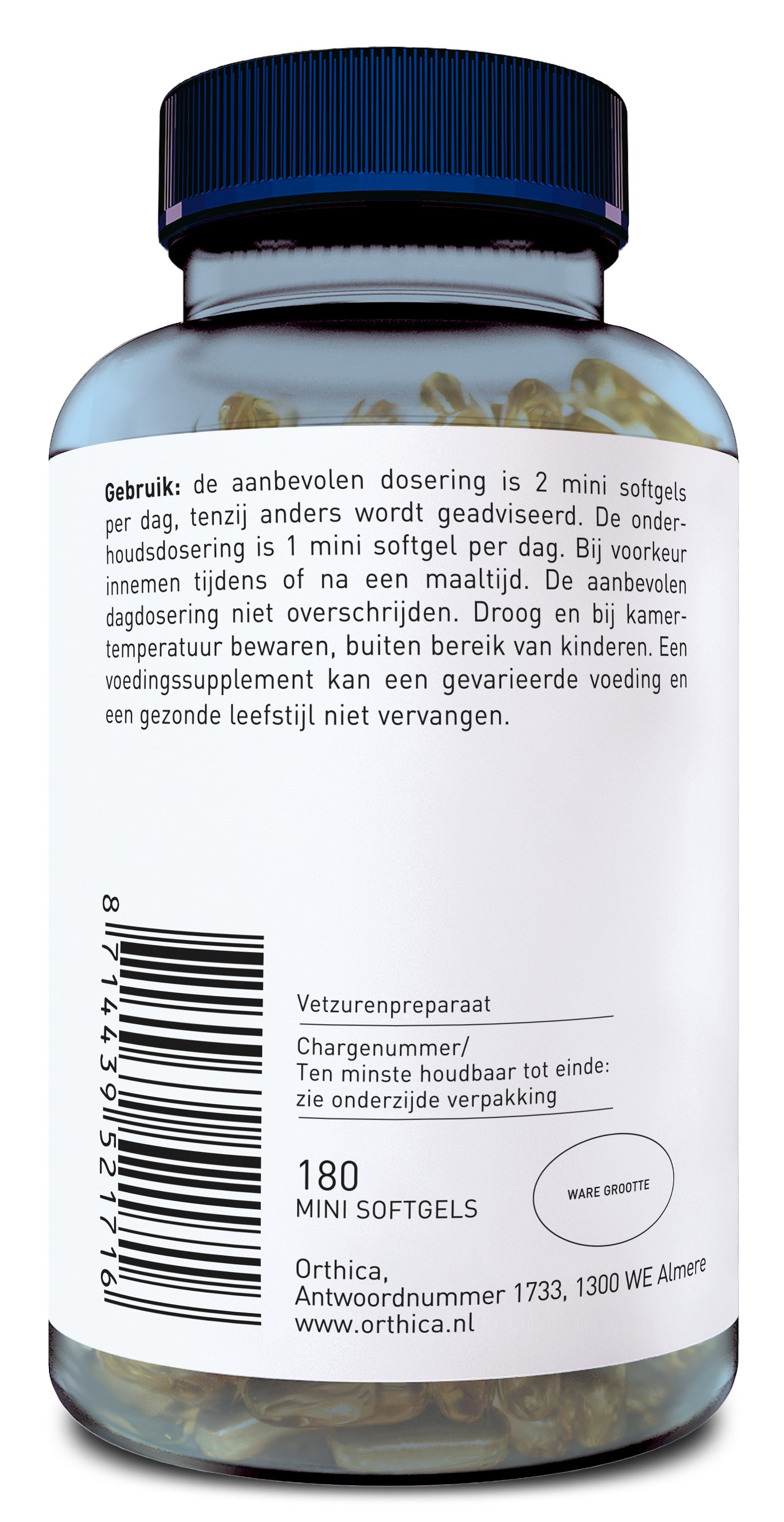 Orthica GLA & EPA softgels, omega fatty acids supplement, displayed in a clear bottle with softgel capsules inside.