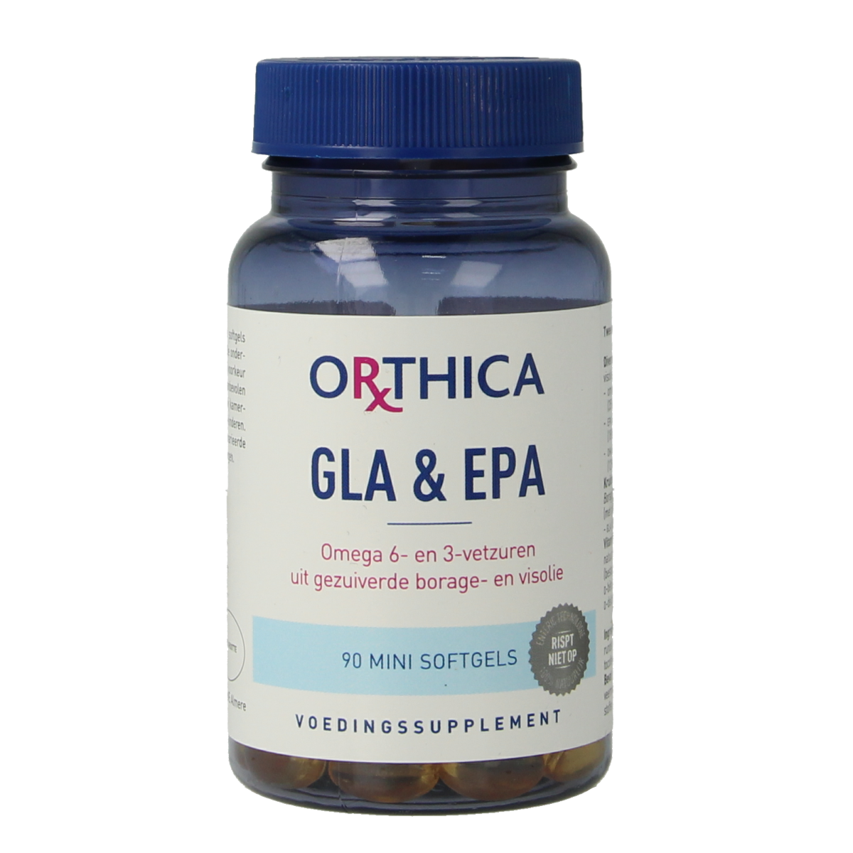 Orthica GLA & EPA softgel capsules, Vetzuren supplement with fish oil and evening primrose oil, in clear gel form.