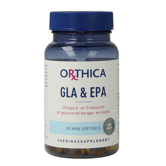 Orthica GLA & EPA softgel capsules, Vetzuren supplement with fish oil and evening primrose oil, in clear gel form.