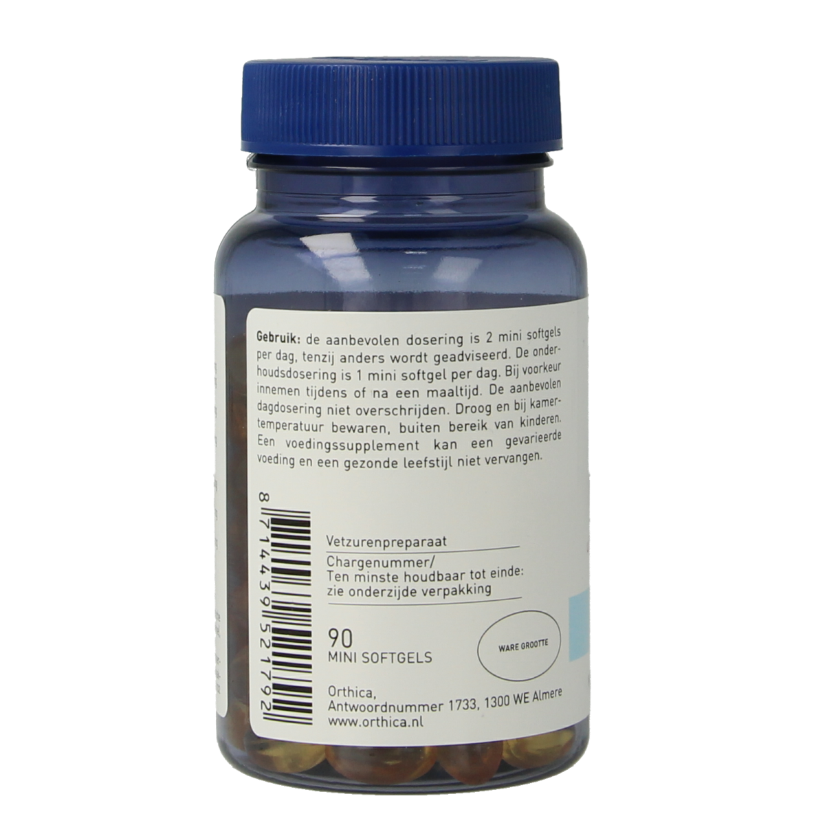 Orthica GLA & EPA Vetzuren softgel capsules, dietary supplement with omega fatty acids, showing the softgel bottle and capsules.