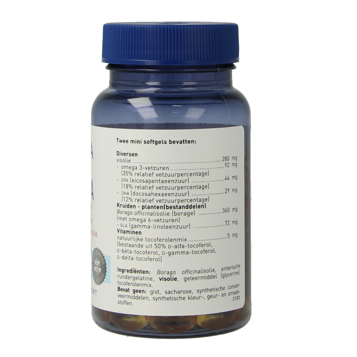 Orthica GLA & EPA Vetzuren softgels in a bottle, showing the supplement capsules for healthy fatty acids.