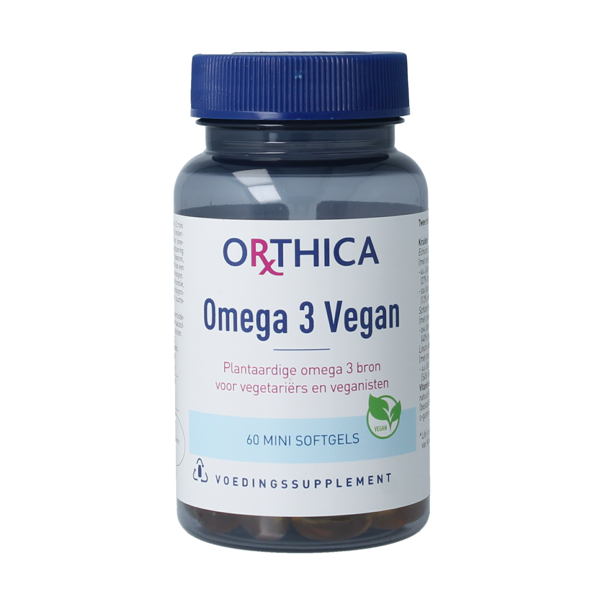 Orthica Omega 3 vegan softgels, Vetzuren supplement with 60 softgel capsules, displayed in a clear container.