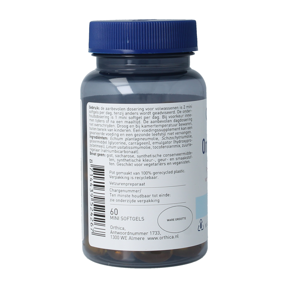 Orthica Omega 3 vegan softgels, Vetzuren supplement, transparent bottle with 60 softgels, close-up of the product.