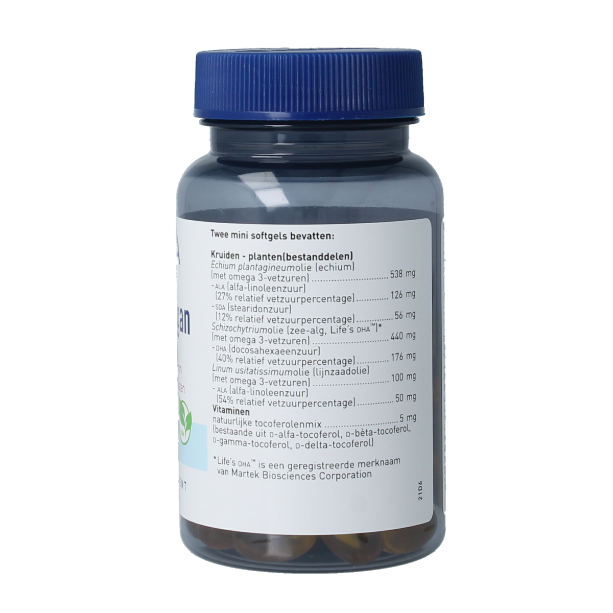 Orthica Omega 3 vegan softgels, Vetzuren supplement with 60 softgels in a clear bottle, showing the softgel capsules inside.