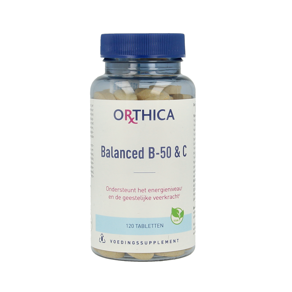 Orthica Balanced B50 & C multivitamin tablets bottle with label, showing 120 capsules for immune and energy support.