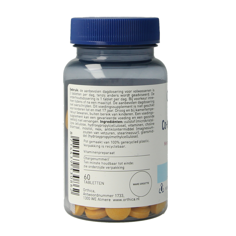Orthica Co-enzym B complex multivitamin tablets in a blister pack, featuring colorful round tablets for overall vitamin support.