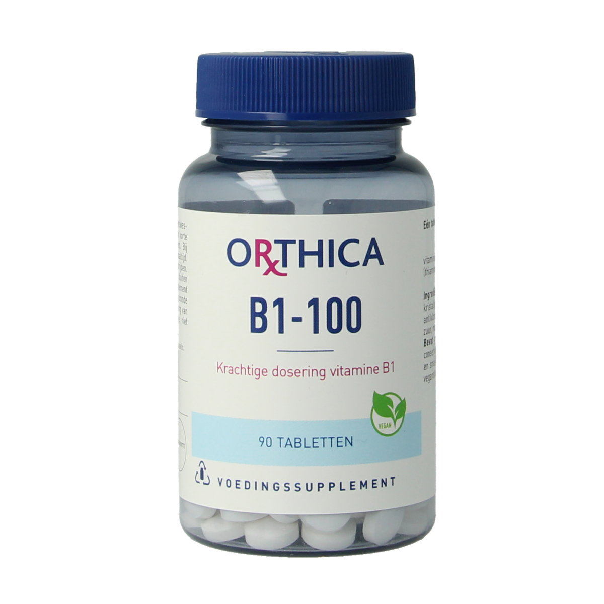Orthica Vitamin B1 100mg tablets in a bottle, dietary supplement for nerve health and energy support