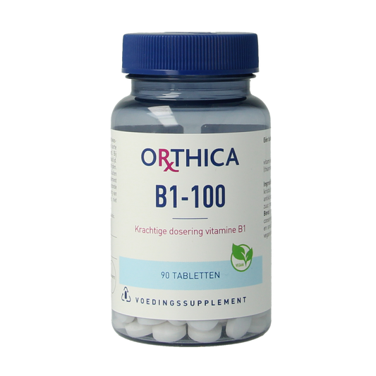 Orthica Vitamin B1 100mg tablets in a bottle, dietary supplement for nerve health and energy support