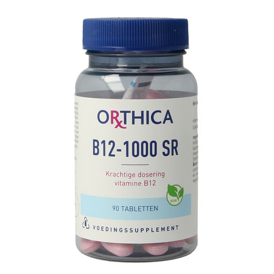 Orthica Vitamin B12 1000 SR supplement in blister pack with 90 tablets, designed for vitamin B12 support and energy boost.