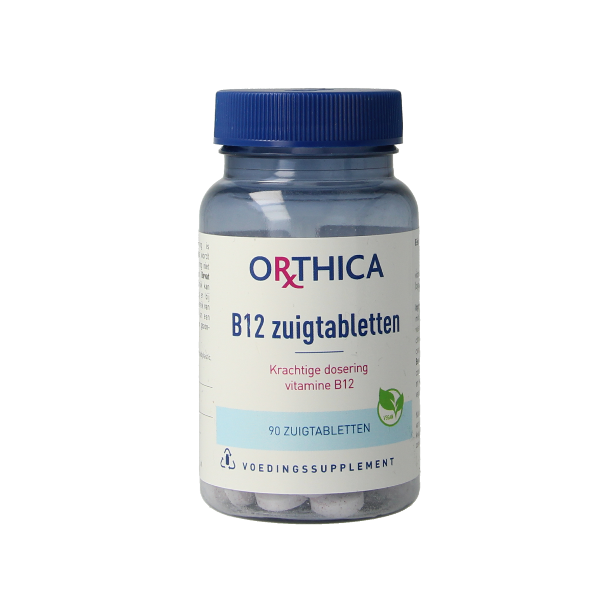 Orthica Vitamine B12 90 lozenges, dietary supplement, close-up of the orange-flavored B12 tablets in blister pack