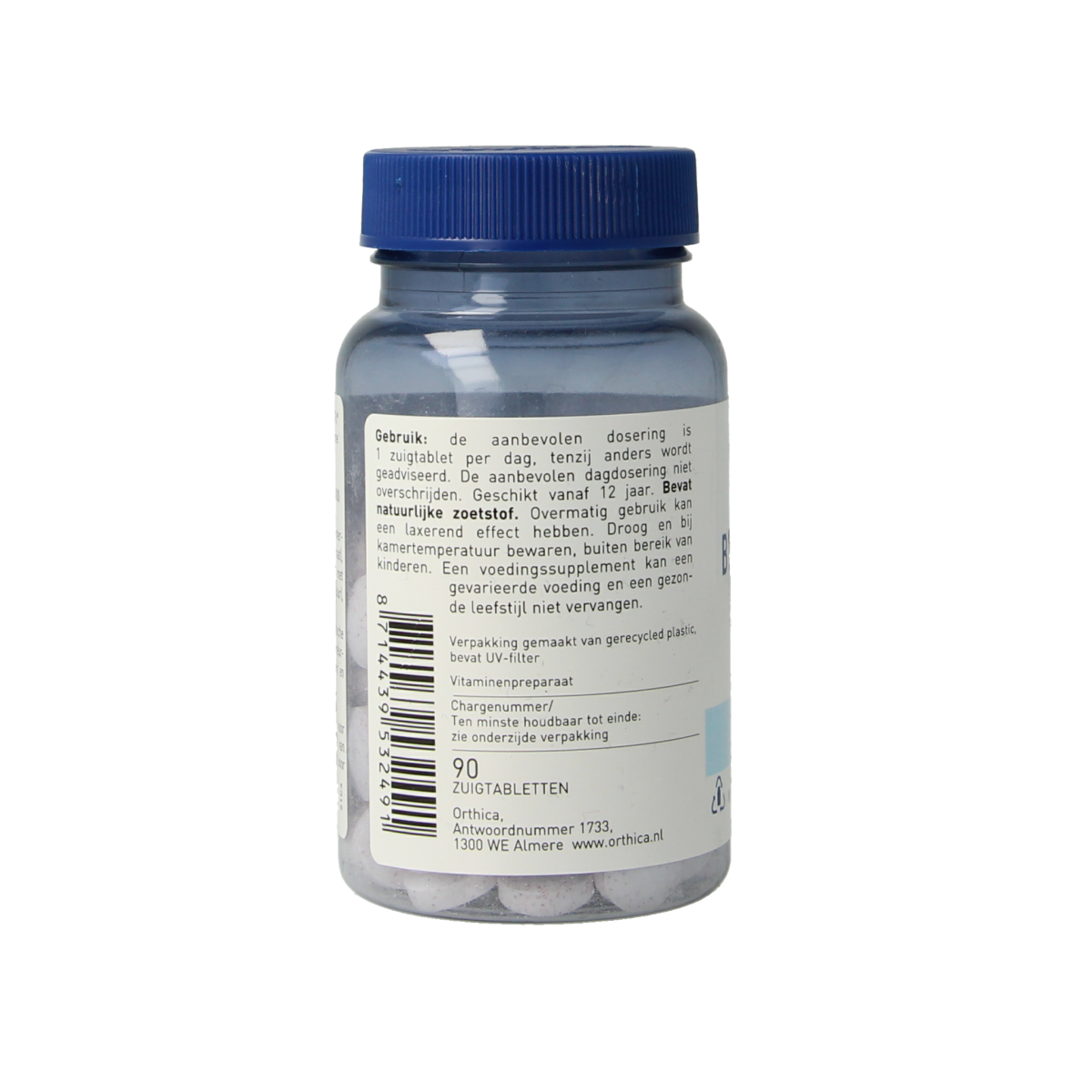 Orthica Vitamine B12 90 zuigtabletten, natural B12 supplement for energy and health, shown in the image.