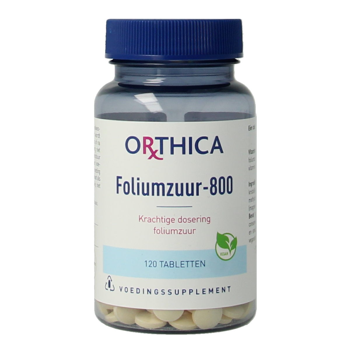 Orthica Foliumzuur 800 vitamin tablet packaging with 120 tablets, showing the product label and branding.