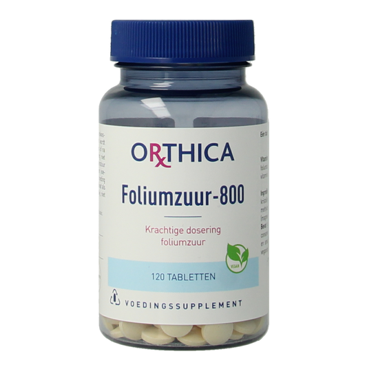 Orthica Foliumzuur 800 vitamin tablet packaging with 120 tablets, showing the product label and branding.