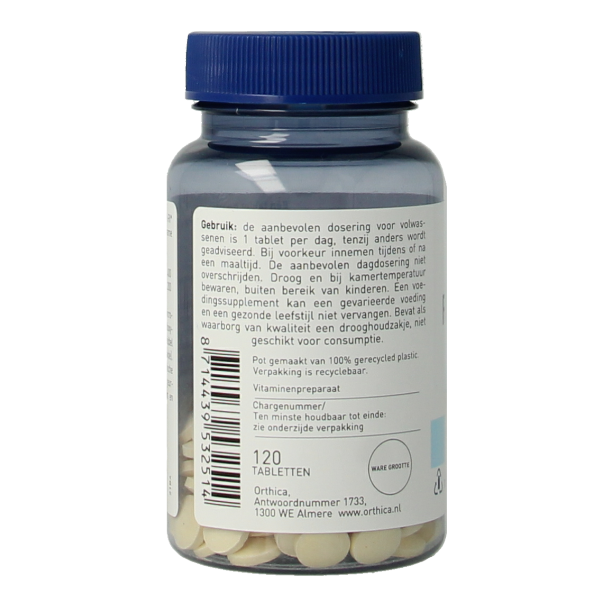 Orthica Foliumzuur 800 micrograms vitamin tablets, 120 count, showing the supplement bottle with tablets inside.