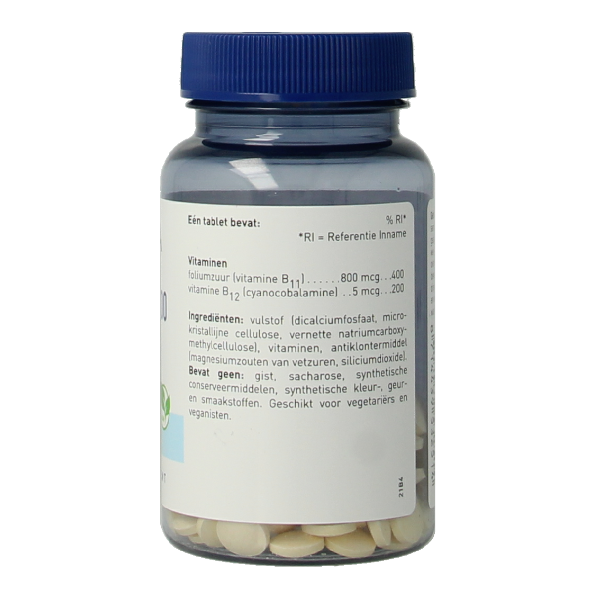 Orthica Foliumzuur 800 mcg vitamin tablets, close-up of the bottle and label showing 120 tablets in a natural setting.