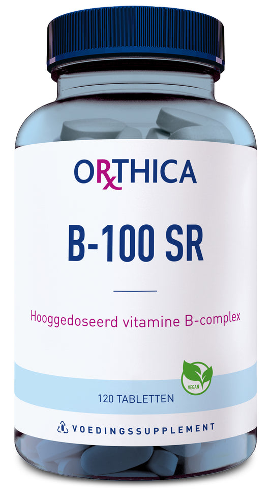 Orthica Vitamin B 100 SR multivitamin tablets, dietary supplement in bottle, contains 120 tablets for daily B vitamin support