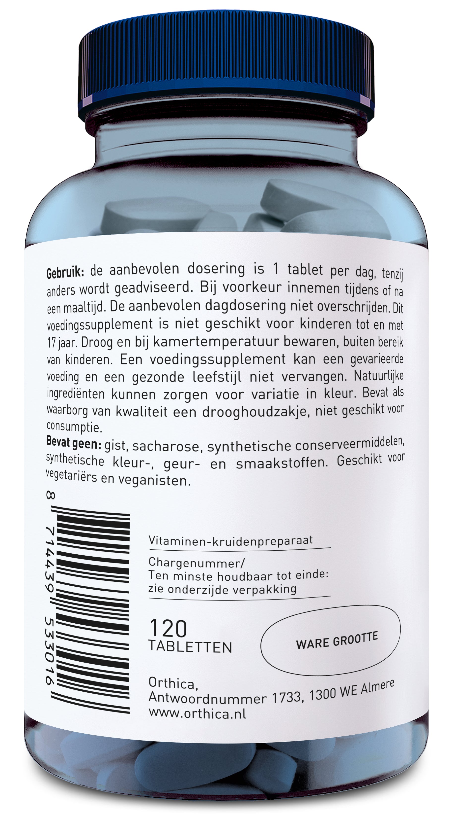 Orthica Vitamin B 100 SR multivitamin tablets, 120 count, showing the supplement bottle with label and tablets inside