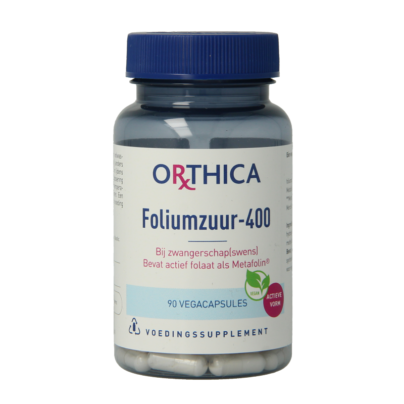 Orthica Foliumzuur 400 vegetarian capsules, dietary vitamin supplement with 90 softgel capsules, suitable for vegetarians.