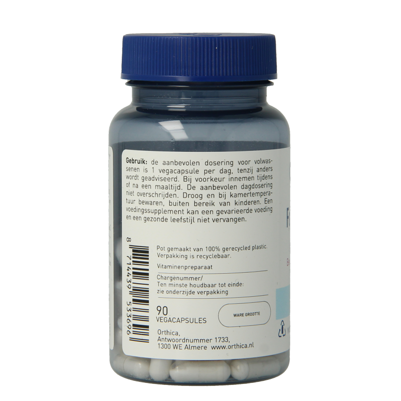 Orthica Foliumzuur 400 vegetarian capsules, showing 90 dietary supplement capsules in a clear container.