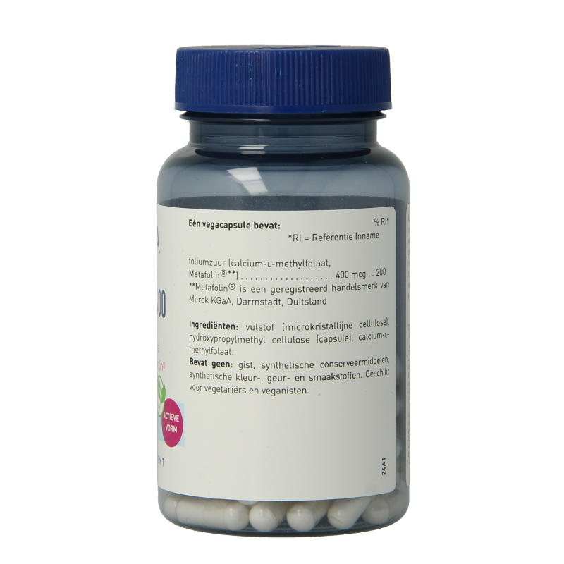 Orthica Foliumzuur 400 vegetarian capsules, dietary vitamin supplement, shown in bottle on white background