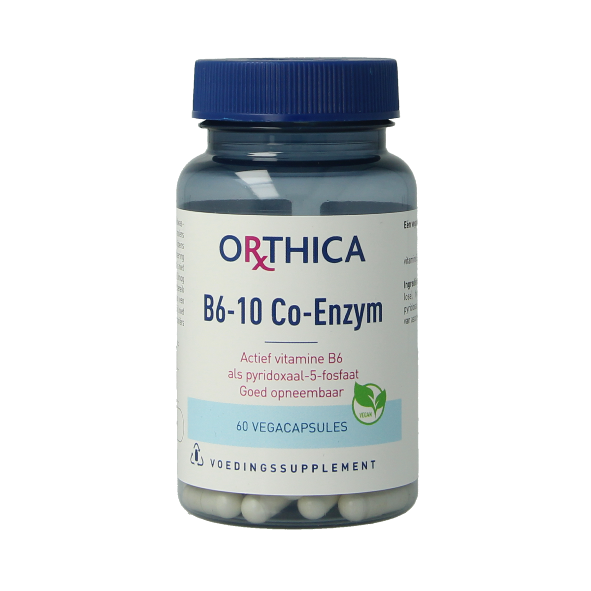 Orthica B6-10 Co-enzym vegetarian capsules, vitamin B6 supplement in a clear bottle with capsules inside.