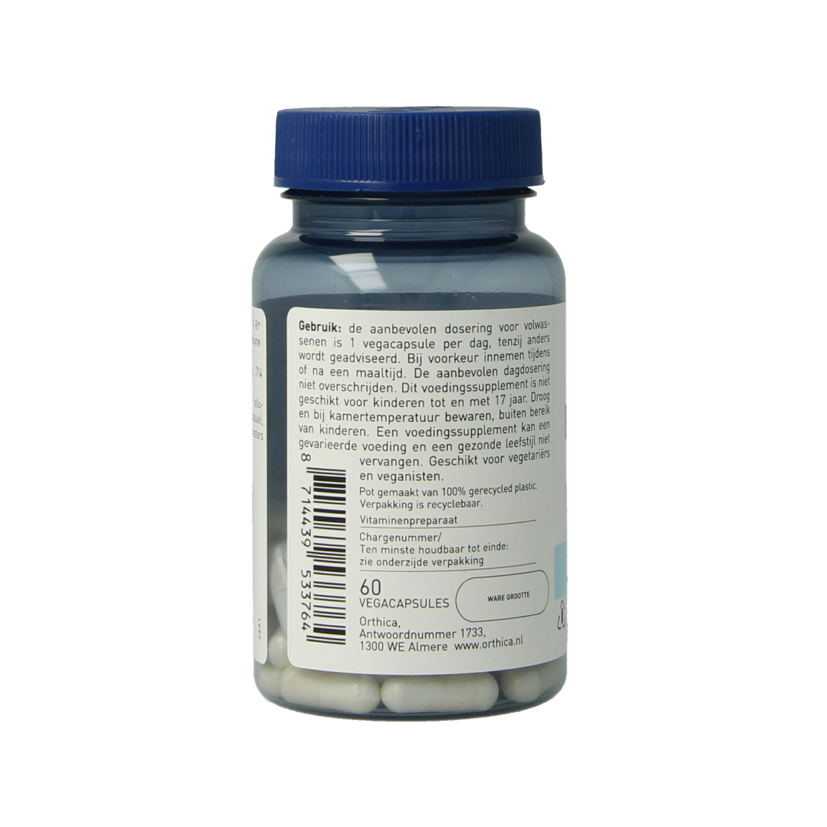Orthica B6-10 Co-enzym vegetarian capsules, vitamin B6 supplement in clear container with capsules visible inside.